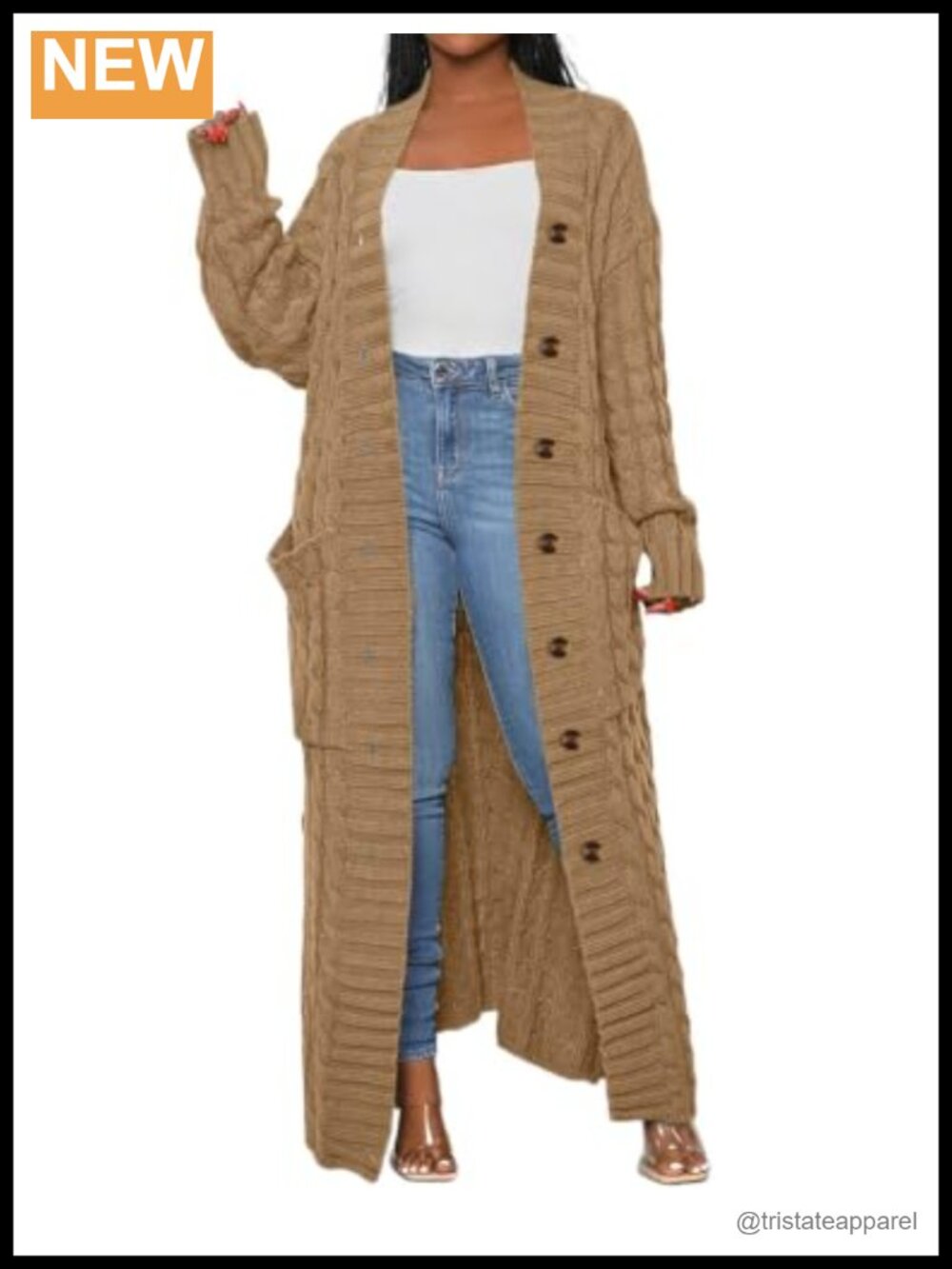 Women's Cable Knit Chunky Cardigan Extra Long Sweater Buttons Pockets